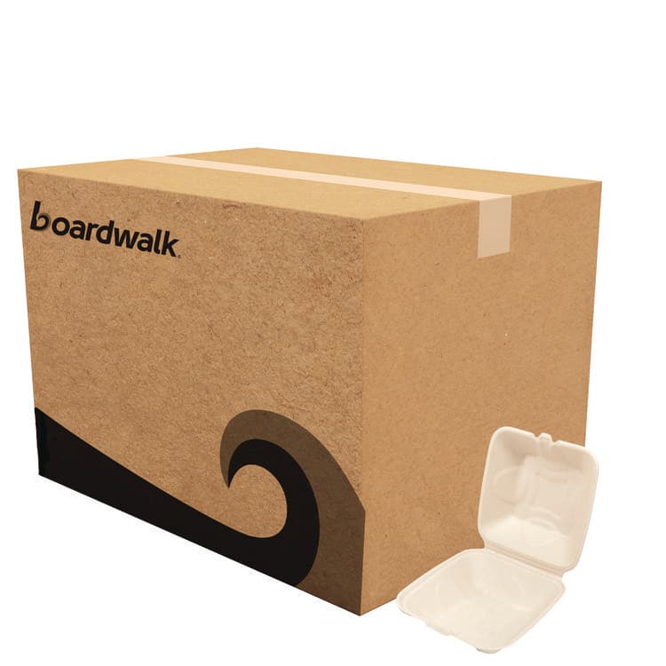 BOARDWALK Bagasse PFAS-Free Food Containers, 6 x 6 x 3.19, Tan, Sugarcane, 500/Carton (BWKHINGE66NPFA)