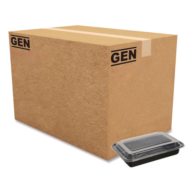 GEN Microwavable Food Container with Lid, Rectangular, 28 oz, 8.81 x 6.02 x 2.04, Black/Clear, Plastic, 150/Carton (GENTORECT28)