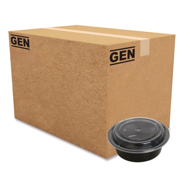 GEN Microwavable Food Container with Lid, Round, 16 oz, 6.29 x 6.29 x 1.96, Black/Clear, Plastic, 150/Carton (GENTORND16)