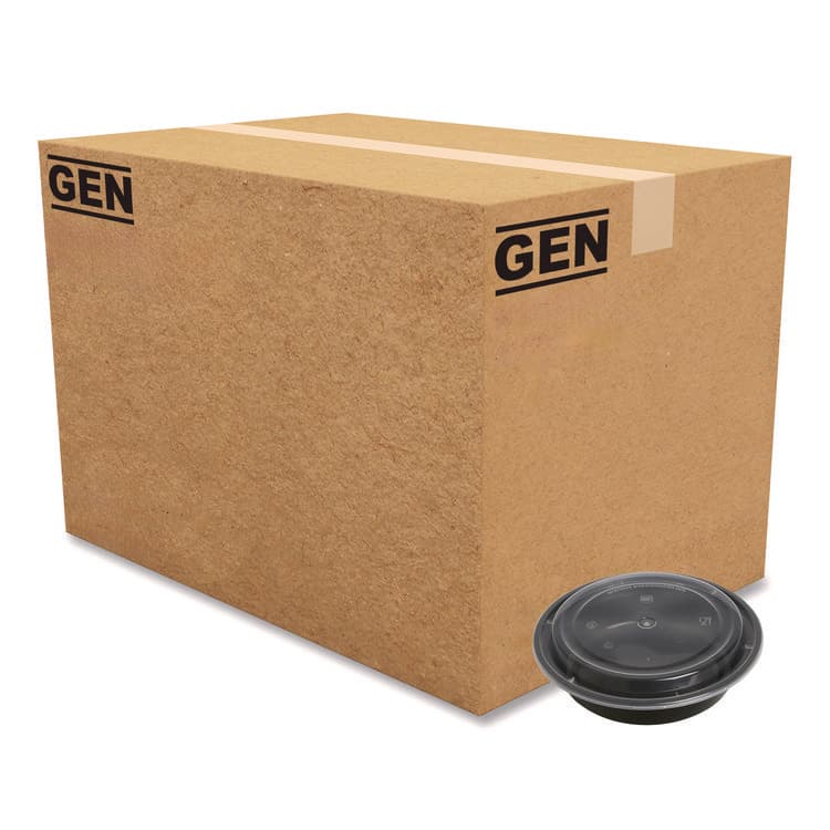 GEN Microwavable Food Container with Lid, Round, 24 oz, 7.28 x 7.28 x 1.96, Black/Clear, Plastic, 150/Carton (GENTORND24)
