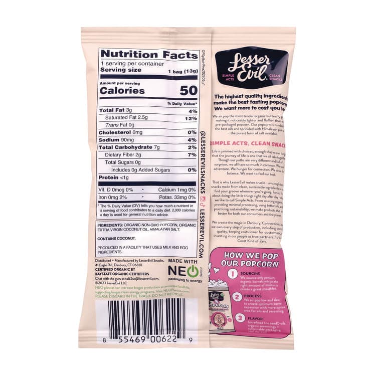 LESSEREVIL Himalayan Pink Salt Organic Popcorn, Salt, 0.46 oz Bag, 24/Carton (GRR22001053) thumbnail 3