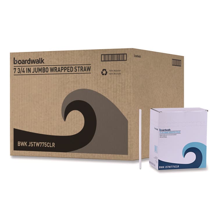 BOARDWALK Wrapped Jumbo Straws, 7.75", Polypropylene, Clear, 500/Pack, 24 Packs/Carton (BWKJSTW775CLR)