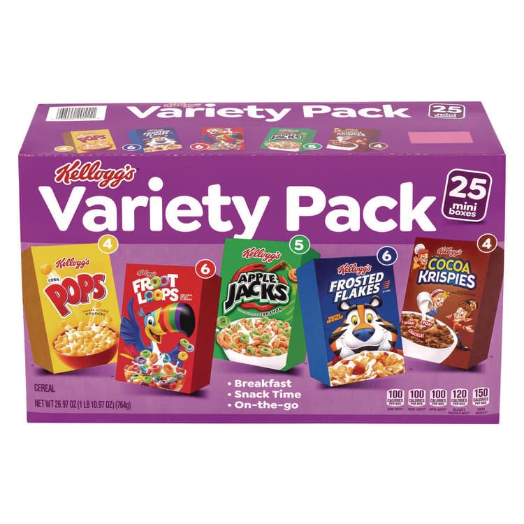 KELLOGG'S Cereal Assortment Pack, Assorted Flavors, Single Serve Box, 25/Carton (GRR22002287)