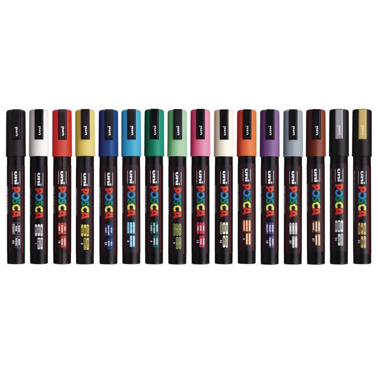 UNI Water-Based Paint Markers, Medium Bullet Tip, Assorted Colors, 16/Pack (UBCPC5M16C) thumbnail 3