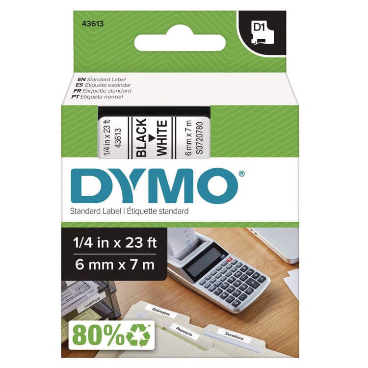 DYMO D1 High-Performance Polyester Removable Label Tape, 0.25" x 23 ft, Black on White (DYM43613)