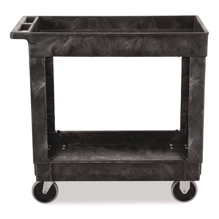 RUBBERMAID COMMERCIAL PROD. Heavy-Duty Flat-Handle Maintenance/Utility Cart, Plastic, 2 Shelves, 500 lb Capacity, 34.13" x 17.38" x 32.38", Black (RCP9T6600BLA)