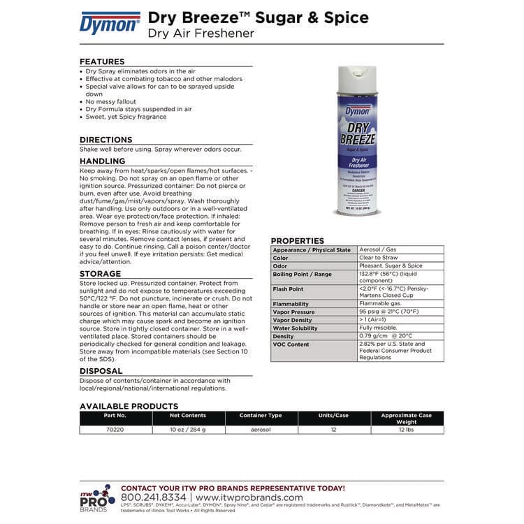 ITW PRO BRANDS Dry Breeze Aerosol Air Freshener, Sugar and Spice, 10 oz Aerosol Spray, 12/Carton (ITW70220) thumbnail 3