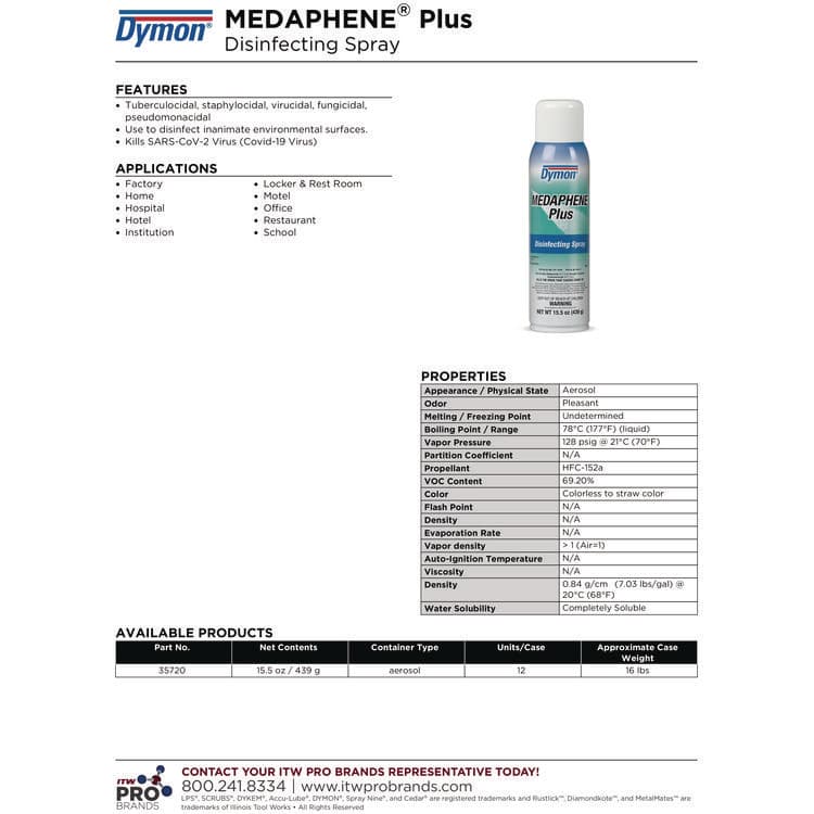 ITW PRO BRANDS Medaphene Plus Disinfectant Spray, 15.5 oz Aerosol Spray, 12/Carton (ITW35720) thumbnail 3