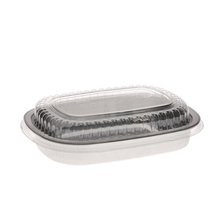 PACTIV EVERGREEN CORPORATION Classic Carry-Out Container with PET Dome Lid, 22 oz, 8.2 x 6.2 x 1.3, Silver/Clear, Aluminum, 100/Carton (PCTY6708PET)