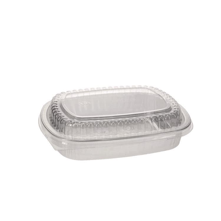 PACTIV EVERGREEN CORPORATION Classic Carry-Out Container with PET Dome Lid, 46 oz, 9.8 x 7.8 x 1.3, Silver/Clear, Aluminum, 50/Carton (PCTY6710PET)