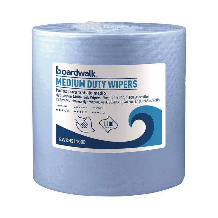BOARDWALK Hydrospun Wipers, Medium Duty, 12 x 12, Blue, 1,100/Roll (BWKHS1100B)