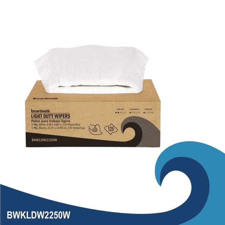 BOARDWALK One-Ply Paper Wipers, 9.84 x 9.06, White, 125 Wipers/Box, 18 Boxes/Carton (BWKLDW2250W) thumbnail 2