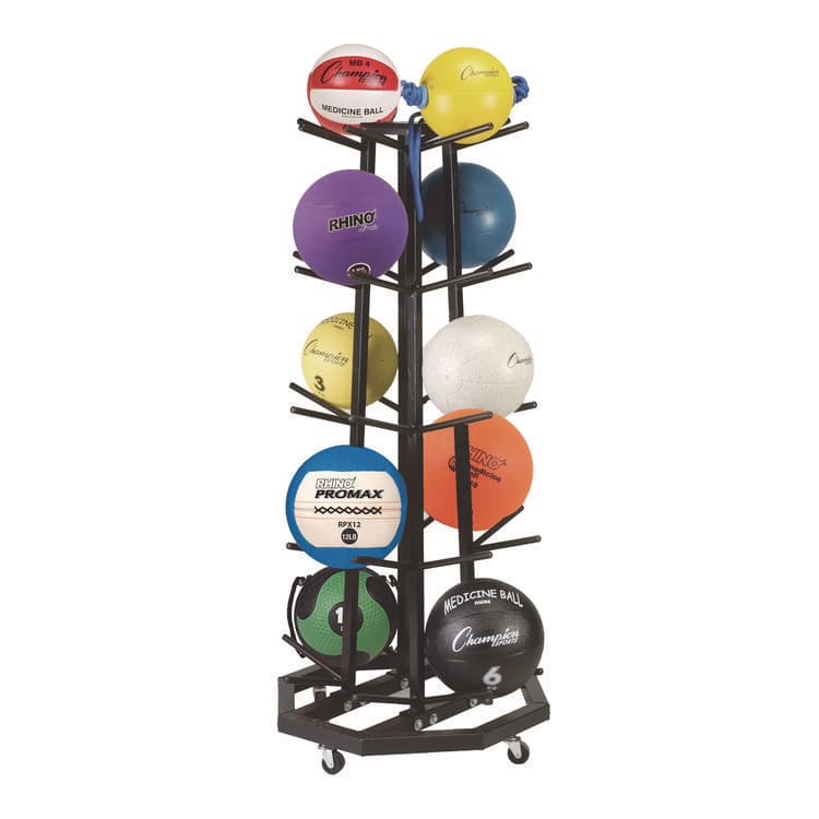 CHAMPION SPORT Deluxe Five-Row Mobile Medicine Ball Rack, Metal, 198 lb Capacity, 25" x 25" x 56", Black (CSIMBR3)