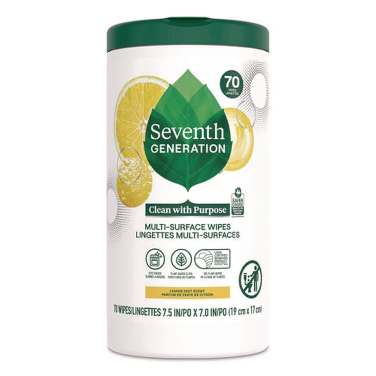 SEVENTH GENERATION Multi-Surface Wipes, 7 x 7, Lemon Zest, White, 70 Wipes/Canister, 6/Carton (SEV69657417)