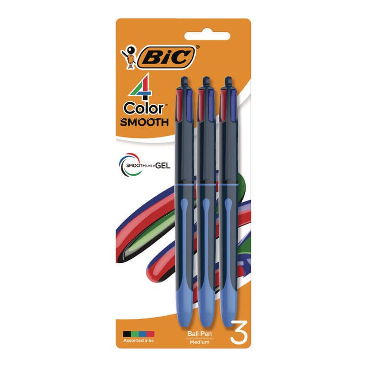 BIC CORP. 4-Color Smooth Multi-Color Ballpoint Pen, Retractable, Medium 1 mm, Black/Blue/Green/Red Ink, Black/Blue Barrel, 3/Pack (BICMMSP3AAST)