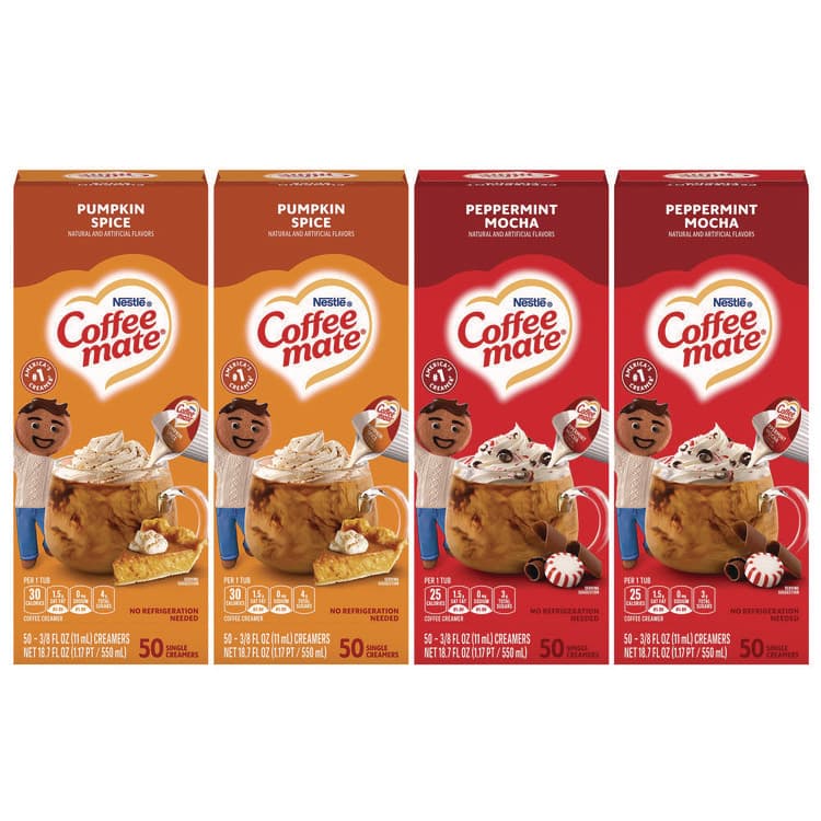 NESTLE Liquid Coffee Creamer, Peppermint Mocha/Pumpkin Spice, 0.38 oz Mini Cups, 50/Pack, 4 Packs/Carton (GRR70000095)