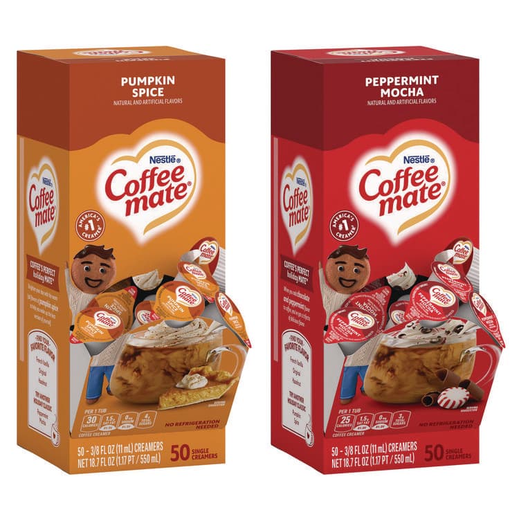 NESTLE Liquid Coffee Creamer, Peppermint Mocha/Pumpkin Spice, 0.38 oz Mini Cups, 50/Pack, 4 Packs/Carton (GRR70000095) thumbnail 3