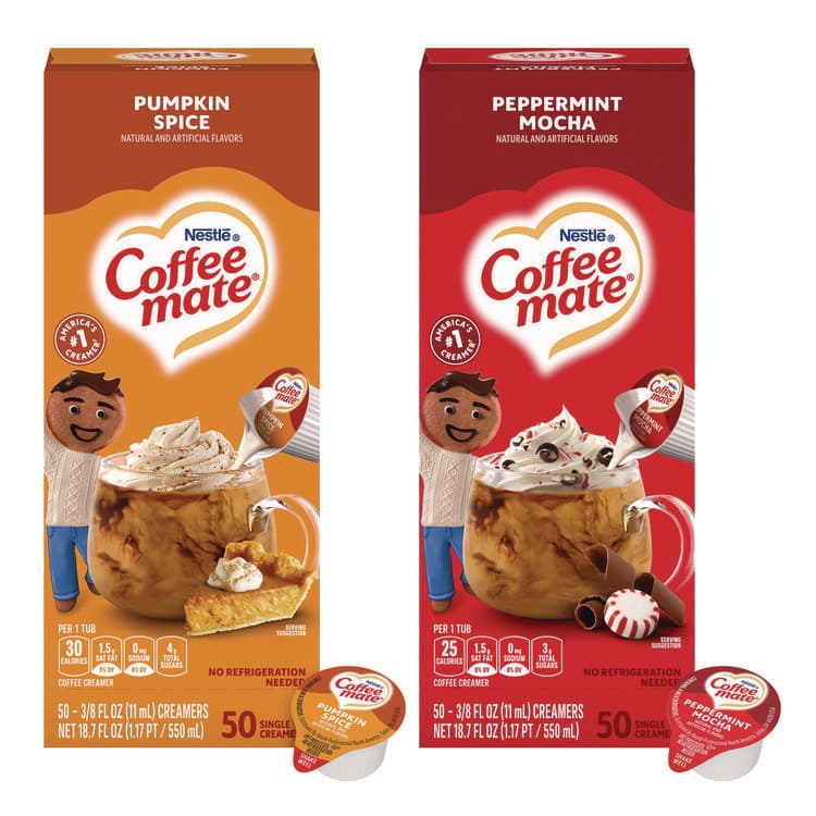NESTLE Liquid Coffee Creamer, Peppermint Mocha/Pumpkin Spice, 0.38 oz Mini Cups, 50/Pack, 4 Packs/Carton (GRR70000095) thumbnail 4