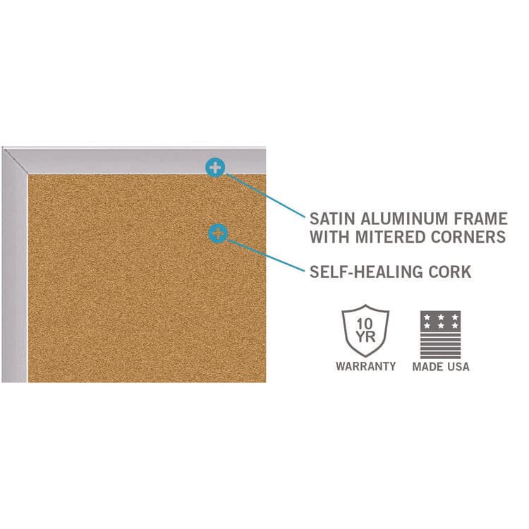 GHENT MANUFACTURING, Natural Cork Bulletin Board with Aluminum Frame, 87.91" x 48.5", Tan Surface, Satin Aluminum Frame (GHEAK47) thumbnail 3