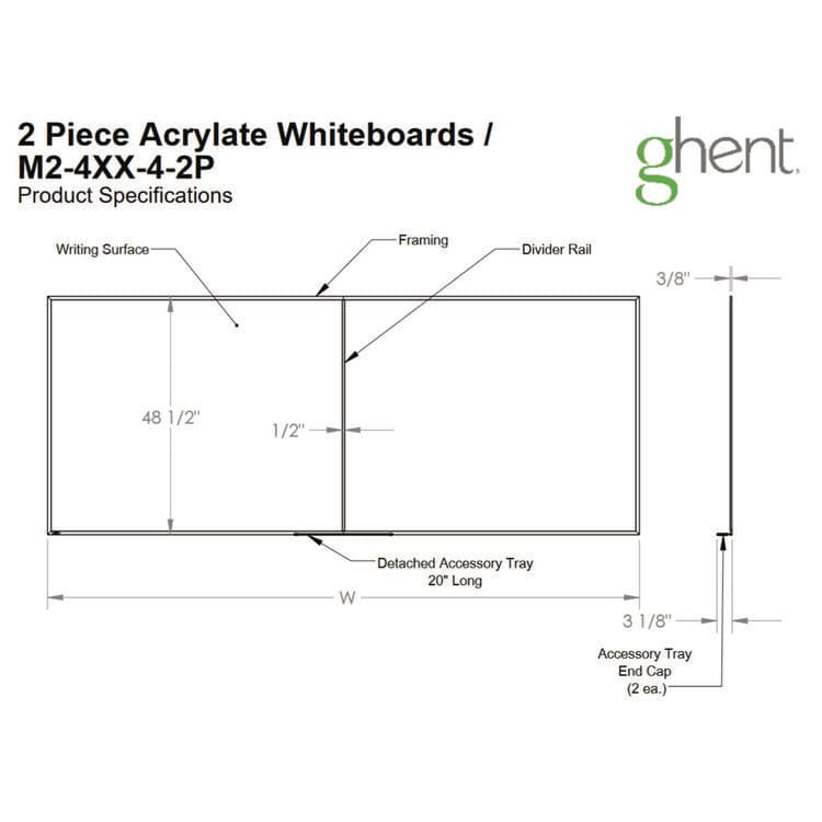GHENT MANUFACTURING, Two-Piece M2 Non-Magnetic Whiteboard with Aluminum Frame, 144.5" x 48.5", White Surface, Satin Aluminum Frame (GHEM241242P) thumbnail 4