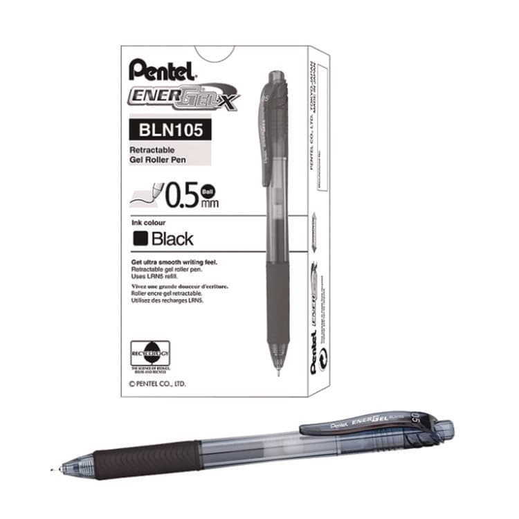 PENTEL OF AMERICA EnerGel-X Gel Pen, Retractable, Fine 0.5 mm, Black Ink, Clear/Black Barrel, 24/Pack (PENBLN105ASW2)