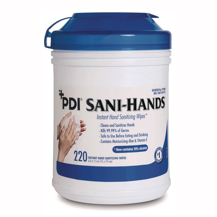 NICE-PAK PRODUCTS, PDI Sani-Hands Instant Hand Sanitizing Wipes, 7.5 x 6, Unscented, White, 220/Canister, 6 Canisters/Carton (PDINPKP15984)