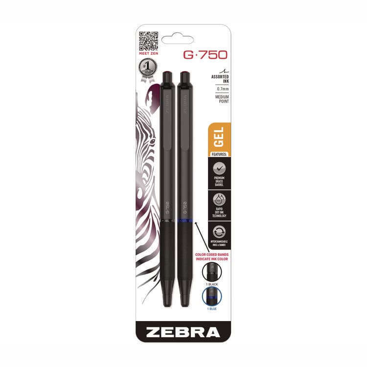 ZEBRA PEN CORP. G-750 Gel Pen, Retractable, Medium 0.7 mm, Black; Blue Ink, Black Barrel, 2/Pack (ZEB49802)