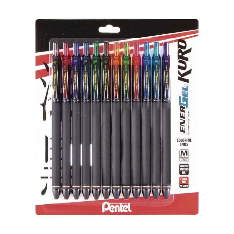 PENTEL OF AMERICA EnerGel Kuro Gel Pen, Retractable, Medium 0.7 mm, Assorted Ink Colors, Black Barrel, 12/Pack (PENBL437R1BP12M)