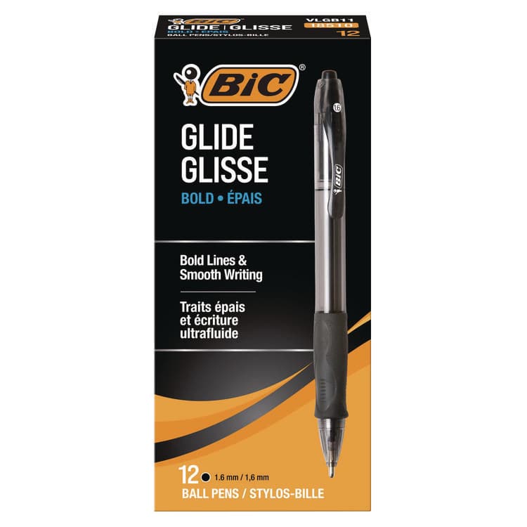 BIC CORP. GLIDE Bold Ballpoint Pen, Retractable, Bold 1.6 mm, Black Ink, Smoke Barrel, Dozen (BICVLGB11BK)
