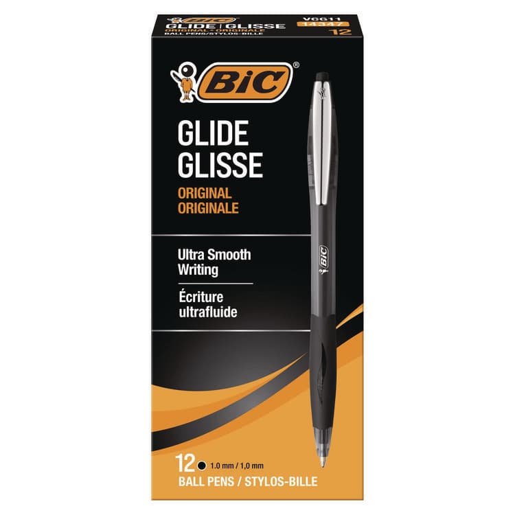 BIC CORP. GLIDE Ballpoint Pen, Retractable, Medium 1 mm, Black Ink, Smoke/Black Barrel, Dozen (BICVCG11BK)