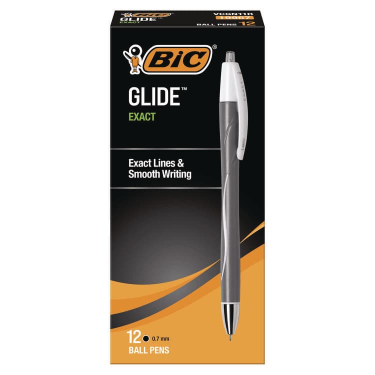 BIC CORP. GLIDE Exact Ballpoint Pen, Retractable, Fine 0.7 mm, Black Ink, Black Barrel, Dozen (BICVCGN11BK)