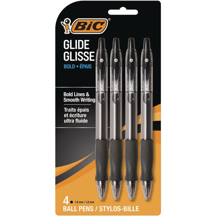 BIC CORP. GLIDE Bold Ballpoint Pen, Retractable, Bold 1.6 mm, Black Ink, Translucent Black Barrel, 4/Pack (BICVLGBP41BLK)