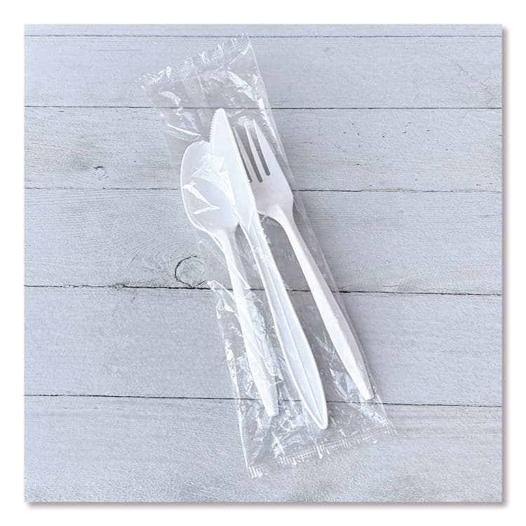 BOARDWALK Three-Piece Polystyrene Cutlery Kit, Mediumweight, Fork/Knife/Spoon, Plastic, White, 250/Carton (BWK3KITWHPS) thumbnail 2
