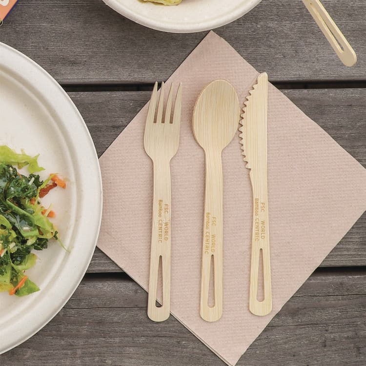 WORLD CENTRIC Bamboo Cutlery, Fork/Knife/Napkin/Spoon, Paper, Natural, 250/Carton (WORASBBTN) thumbnail 3