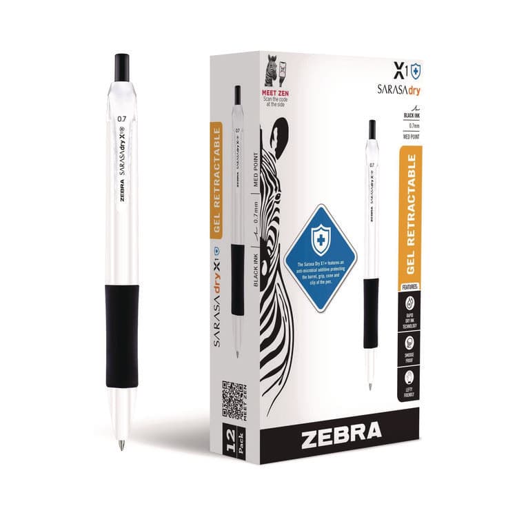 ZEBRA PEN CORP. Sarasa Dry X1+ Gel Pen, Retractable, Medium 0.7 mm, Black Ink, White/Black Barrel, 12/Pack (ZEB41510)