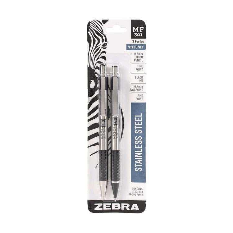 ZEBRA PEN CORP. M/F 301 Stainless Steel Retractable Pen and Pencil Set, 0.7 mm Black Pen, 0.5 mm HB Pencil, Stainless Steel Barrels (ZEB57011)