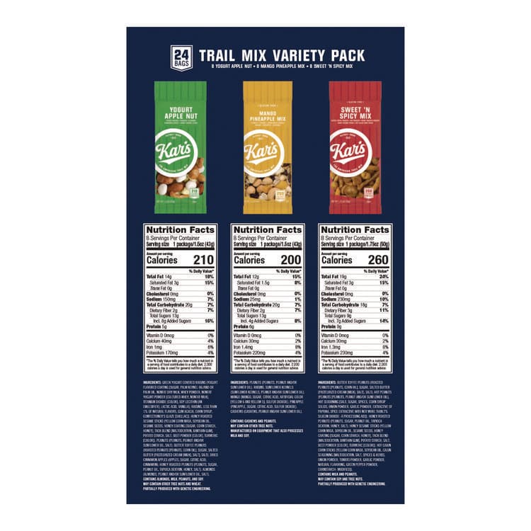 KAR'S NUTS Trail Mix Variety Pack, Mango Pineapple/Sweet 'N Spicy/Yogurt Apple Nut, 24 Packets/Box (AVTSN08361) thumbnail 2