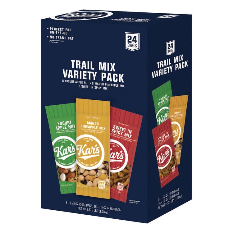 KAR'S NUTS Trail Mix Variety Pack, Mango Pineapple/Sweet 'N Spicy/Yogurt Apple Nut, 24 Packets/Box (AVTSN08361)