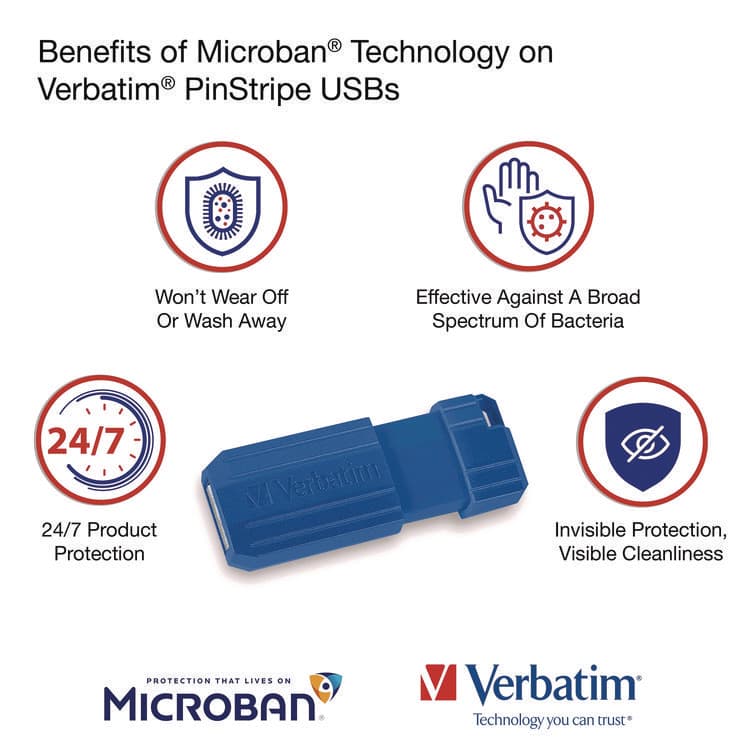 VERBATIM CORPORATION PinStripe USB 3.2 Flash Drive, 32 GB, Assorted Colors, 5/Pack (VER70055) thumbnail 3
