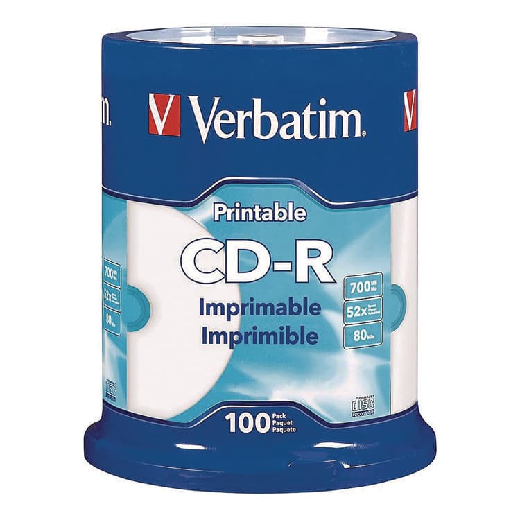 VERBATIM CORPORATION CD-R Printable Recordable Disc, 700 MB/80 min, 52x, Spindle, White, 100/Pack (VER98493)