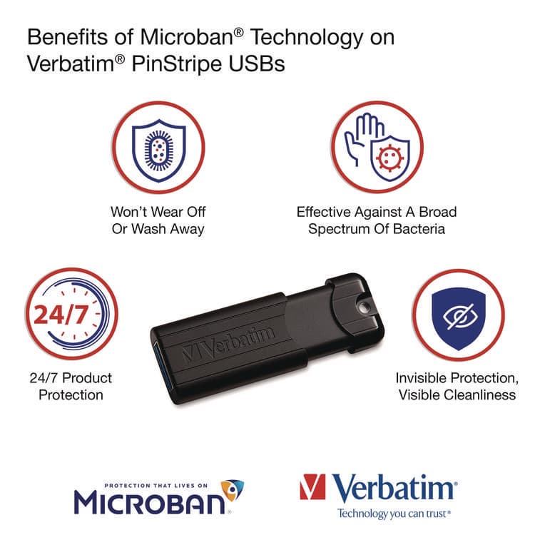 VERBATIM CORPORATION PinStripe USB 3.2 Flash Drive, 128 GB, Black (VER49319) thumbnail 3