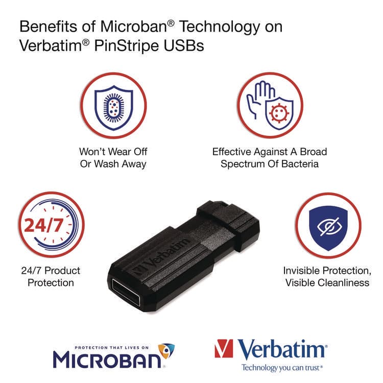 VERBATIM CORPORATION PinStripe USB 2.0 Flash Drive, 32 GB, Black, 10/Pack (VER70062) thumbnail 3