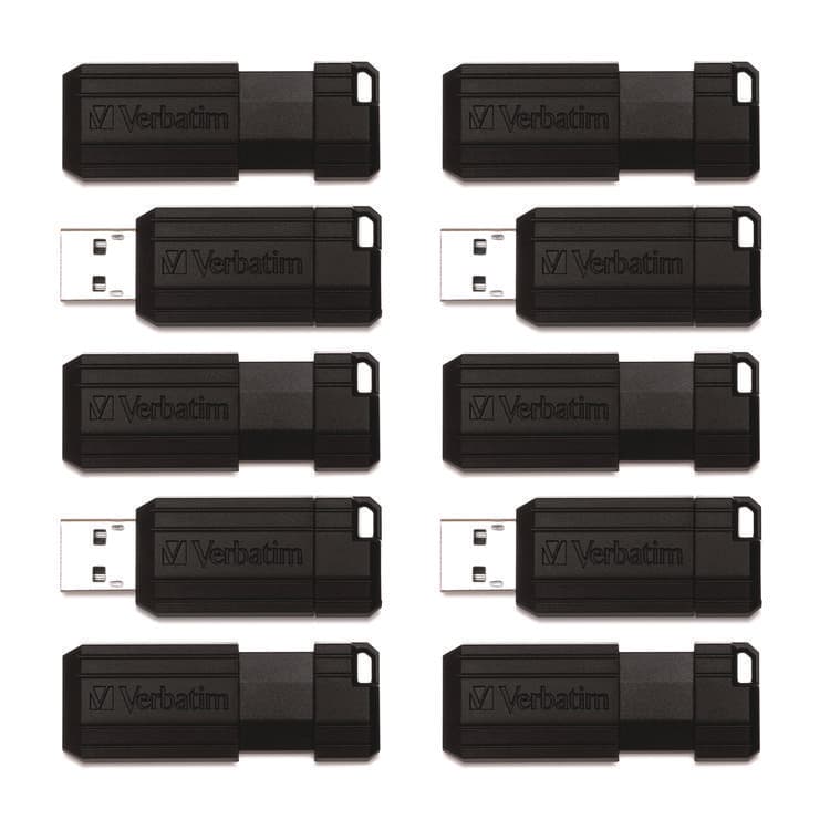 VERBATIM CORPORATION PinStripe USB 2.0 Flash Drive, 32 GB, Black, 10/Pack (VER70062)