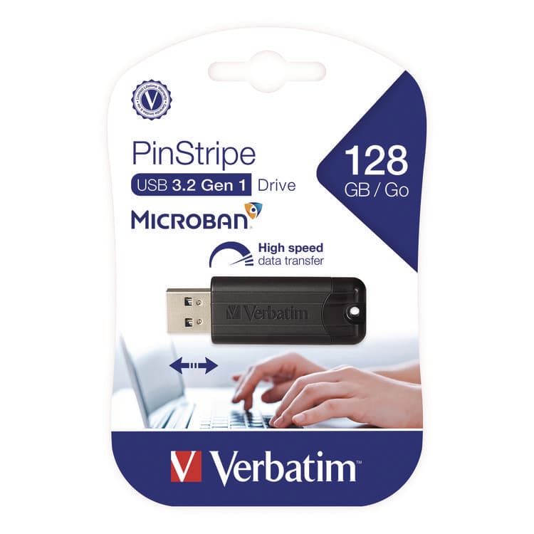 VERBATIM CORPORATION PinStripe USB 3.2 Flash Drive, 128 GB, Black (VER49319)