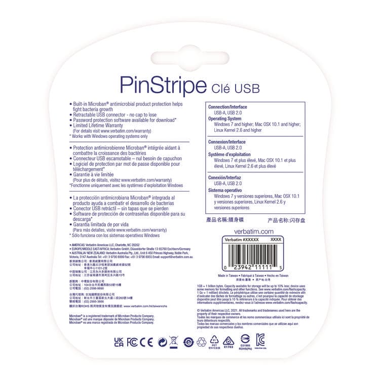 VERBATIM CORPORATION PinStripe USB 3.2 Flash Drive, 32 GB, Assorted Colors, 5/Pack (VER70055) thumbnail 2