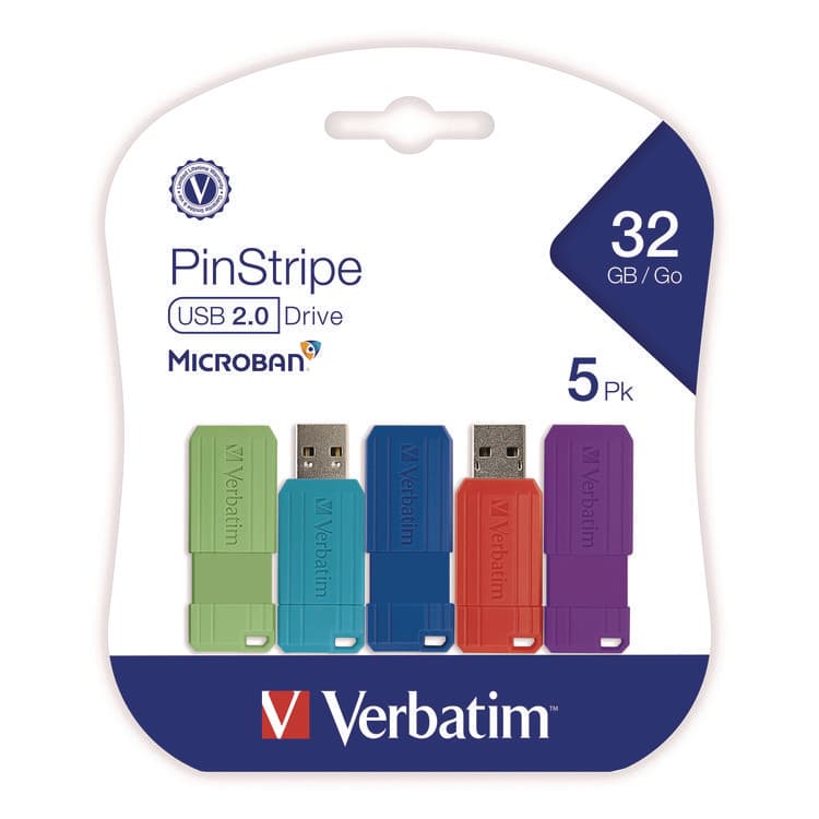 VERBATIM CORPORATION PinStripe USB 3.2 Flash Drive, 32 GB, Assorted Colors, 5/Pack (VER70055)