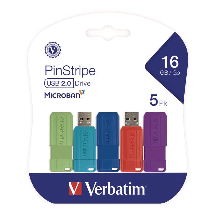 VERBATIM CORPORATION PinStripe USB 2.0 Flash Drive, 16 GB, Assorted Colors, 5/Pack (VER99813) thumbnail 2
