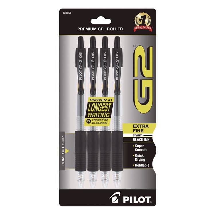 PILOT CORP. OF AMERICA G2 Premium Gel Pen, Retractable, Extra-Fine 0.5 mm, Black Ink, Smoke/Black Barrel, 4/Pack (PIL31055)