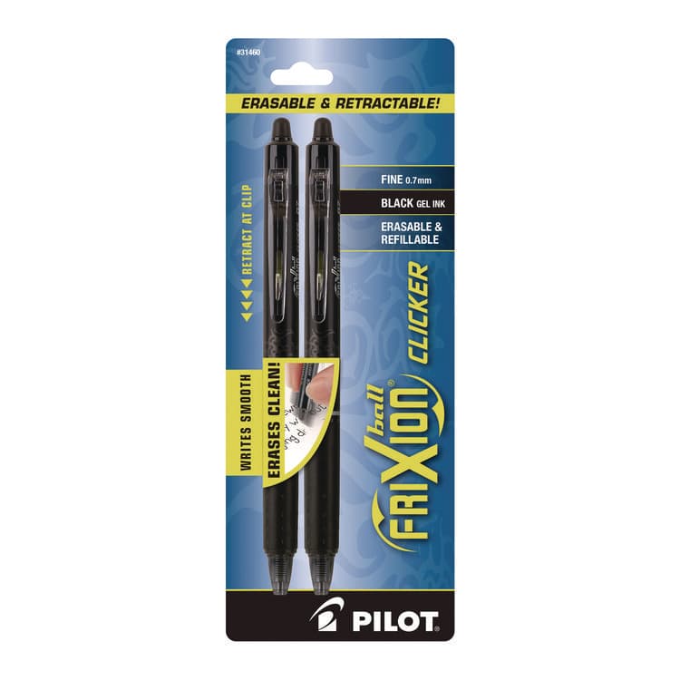 PILOT CORP. OF AMERICA FriXion Ball Clicker Erasable Gel Pen, Retractable, Fine 0.7 mm, Black Ink, Black Barrel, 2/Pack (PIL31460)