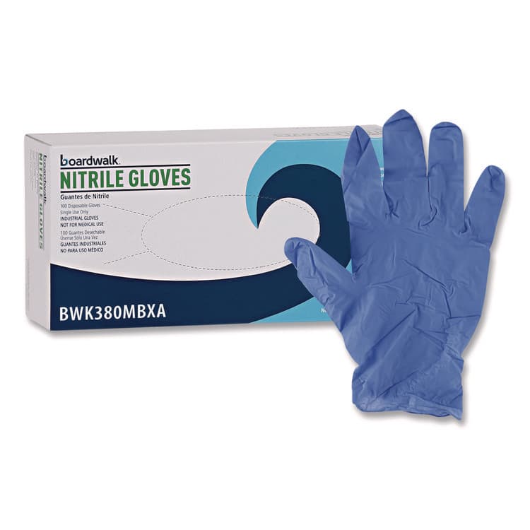 BOARDWALK 380 Series Disposable General-Purpose Nitrile Gloves, Powder-Free, Medium, 4 mil Thick, 9.5" Long, Blue, 100/Box (BWK380MBXA)